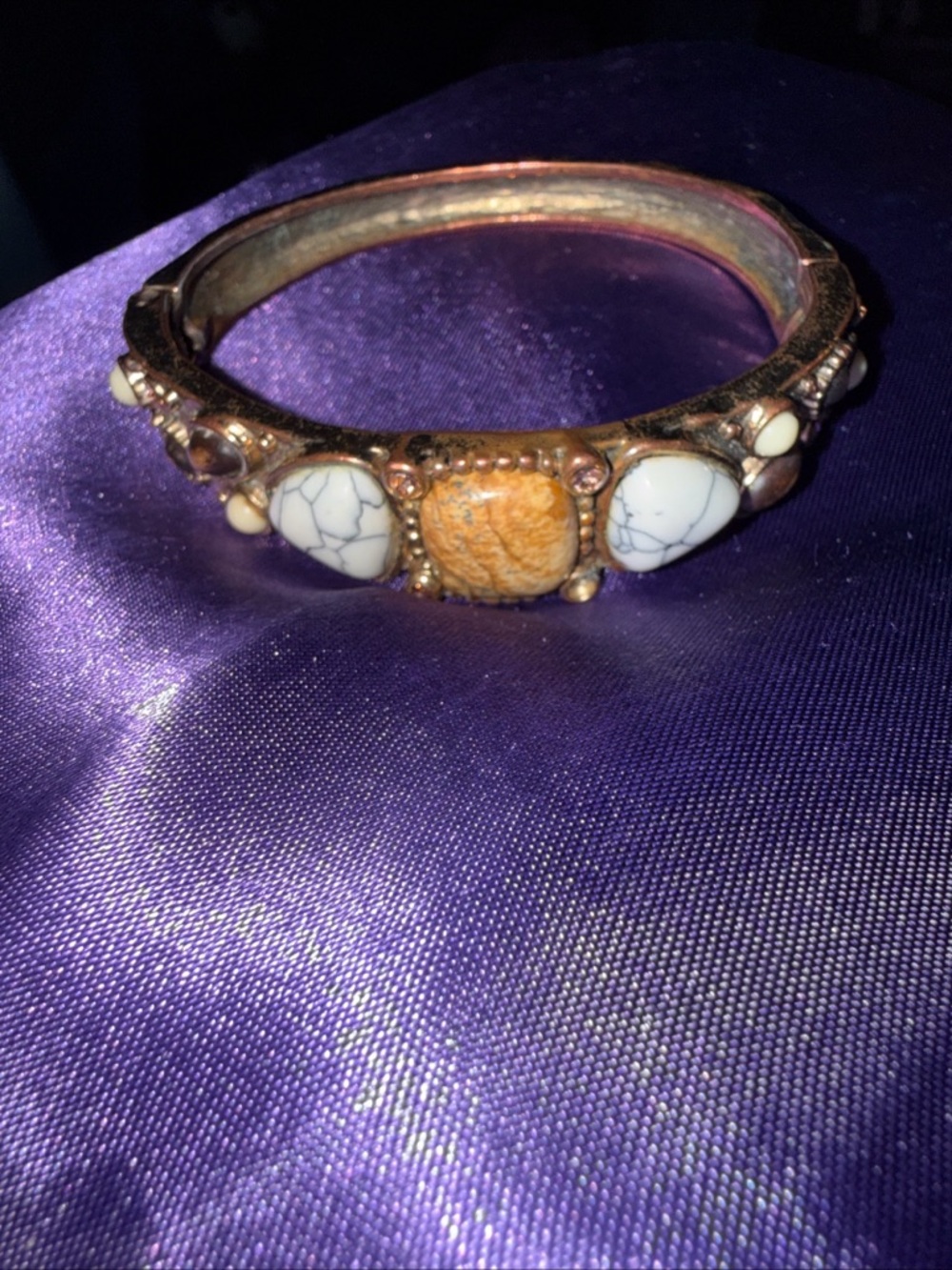 Stone Accent Gold-Tone Hinged Bracelet - White and Tan Stones